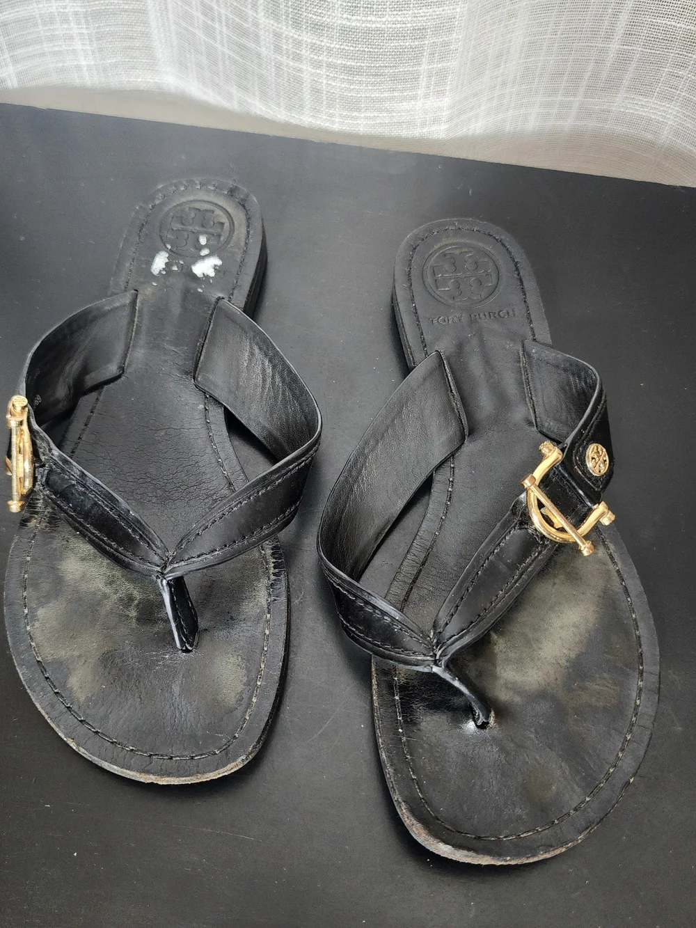 Tory Burch Black Leather Thong Sandals with Gold Logo Hardware